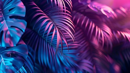 Poster - tropical leaf summer background with blue and purple party glow colors exotic jungle palm tree leaves toned : Generative AI