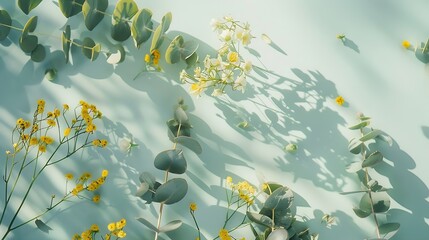 Poster - Flowers composition with fresh eucalyptus branches and yellow flowers Easter spring summer concept Flat lay top view : Generative AI