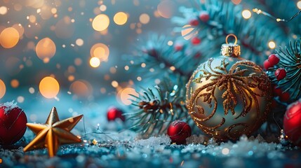 Poster - Festive Christmas Ornaments and Against Bokeh Background for Upcoming New Year 2025