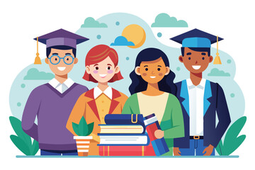 Wall Mural - A group of diverse college students are standing next to each other in a customizable semi flat illustration, College students Customizable Semi Flat Illustration