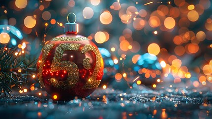 Poster - Happy New Year 2025 Glittery Ornaments and Festive Lights Background