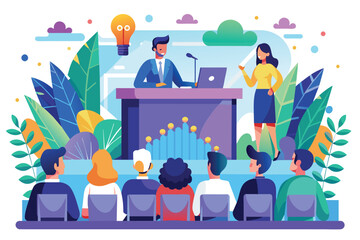 Wall Mural - A man and a woman are standing at a podium, addressing a crowd of people, Conference Customizable Flat Illustration