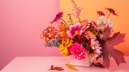 Poster - card mockup with bouquet of autumn flowers on pink table : Generative AI