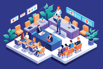 Wall Mural - Illustration of a conference table with individuals seated around it, engaged in discussion or collaboration, Conference Customizable Isometric Illustration