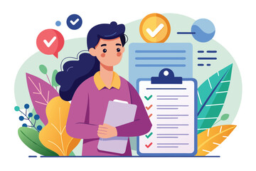 Poster - a woman holding a clipboard stands next to a checklist, checking off items with a pen, consent custo