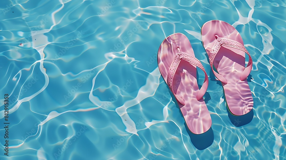 Summer vacation Pink sandals by swimming pool Blue sea surface with ...