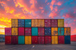 © Petr - Sunset over a gigantic pile of multi-colored shipping containers at a commercial dock. AI generated.