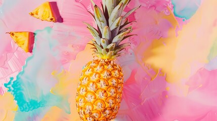 Poster - Creative layout made of pineapple on the watercolor background Flat lay Food concept : Generative AI