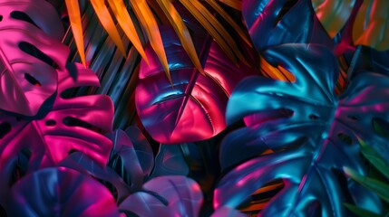 Poster - Creative fluorescent color layout made of tropical leaves Flat lay neon colors Nature concept : Generative AI