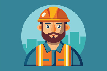 Aufkleber - A man with a beard wearing a hard hat, ready for work at a construction site, Construction worker Customizable Flat Illustration