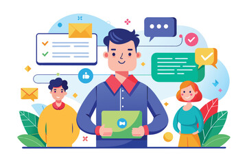 Poster - a man stands holding a laptop in front of a group of people as they look on attentively, contact us 