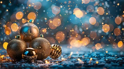 Poster - Happy New Year 2025 Golden Ornaments Blue Bokeh Lights Shimmering Festive Background