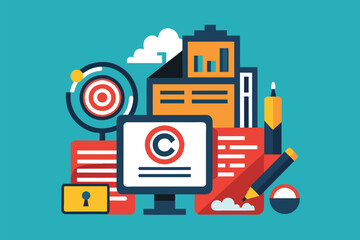 Poster - Various different items arranged on a bright blue background, Copyright Customizable Semi Flat Illustration