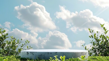 Wall Mural - empty concrete podium on green grass with tropical forest plant blur cloud blue sky background with spaceorganic healthy product present natural placement pedestal displayspring and su : Generative AI