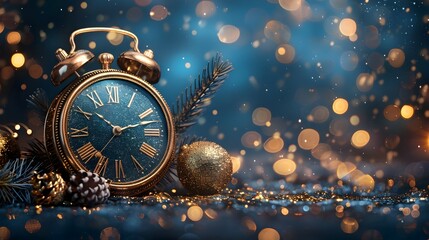 Poster - Elegant Vintage Clock and Holiday Ornaments Celebrate the Arrival of the New Year