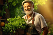 Gardener holding a bundle of freshly picked coriander, smiling against the backdrop of a thriving garden full of greenery