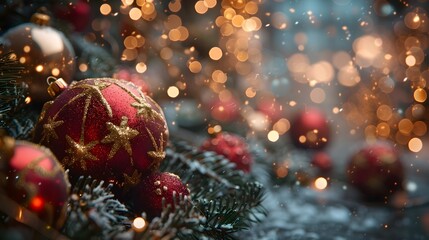 Poster - Elegant Red and Gold Christmas Ornaments on Snowy Pine Branches with Sparkling Bokeh Lights