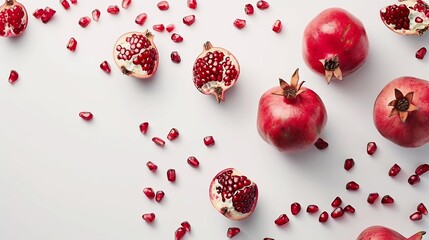 Poster - Fresh pomegranate creative layout isolated on white background Healthy eating and dieting food concept Winter fruits and berries composition Top view flat lay design elements : Generative AI