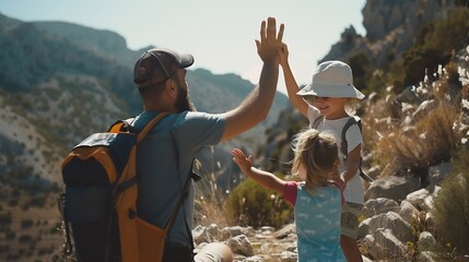 Family father and child daughter high five hands traveling in mountains hiking together summer vacation adventure lifestyle outdoor Lycian way in Turkey : Generative AI