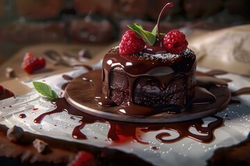 Poster - Indulgent chocolate lava cake topped with fresh raspberries and a cherry on a wooden plate