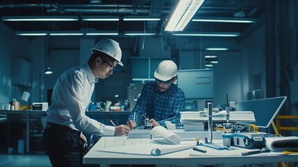 Aufkleber - Engineer discussing meeting for architectural project working with partner and engineering tools on workplace Planning Design Draw Teamwork : Generative AI
