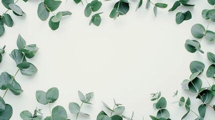 Poster - green eucalyptus leaves frame banner top view isolated  on white background with copy space flat lay : Generative AI