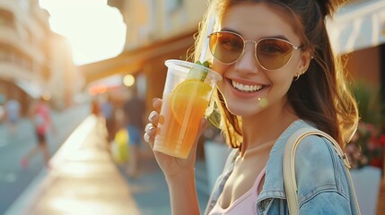 Young beautiful smiling hipster woman in trendy summer clothes Sexy carefree model posing on the street Holding and drinking fresh vegetable cocktail smoothie drink in plastic cup with : Generative AI