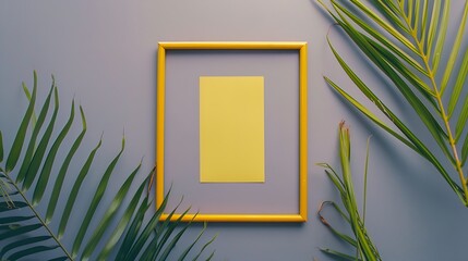 Poster - Summer composition Tropical palm leaves yellow paper blank photo frame on pastel gray background Summer concept Flat lay top view copy space : Generative AI