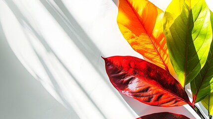 Fototapete - Creative layout of colorful riskus leaves on a white background in the rays of the sun with shadows Minimal summer exotic concept with copy space : Generative AI