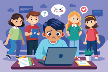 Poster - A man sits in front of a laptop, surrounded by a group of people, Cyber bullying Customizable Cartoon Illustration