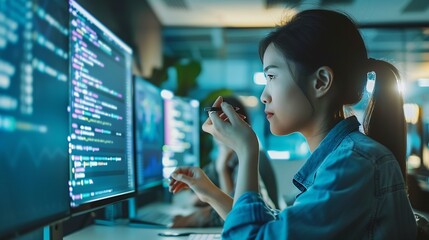 Leinwandbilder - woman design engineer for ux architect template framework layout developer project mobile application on wall paper work in office with pen Planning of development in program website i : Generative AI