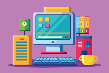 Poster - A computer monitor positioned on top of a desk, Desktop computer Customizable Cartoon Illustration