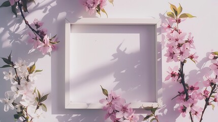 Aufkleber - Creative layout made with flowers and white frame Spring minimal concept Nature background : Generative AI