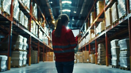 Poster - Industry 40 Modern Warehouse Female Engineer in Empty Warehouse Uses Digital Tablet Computer with Augmented Reality Software for Future Factory or Warehouse Layout Concept Shot of Augm : Generative AI