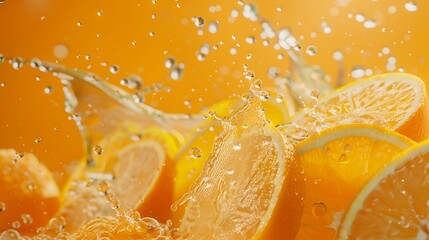 Poster - Creative layout made from Fresh Sliced oranges and Orange fruit and water Splashing on a orange background : Generative AI