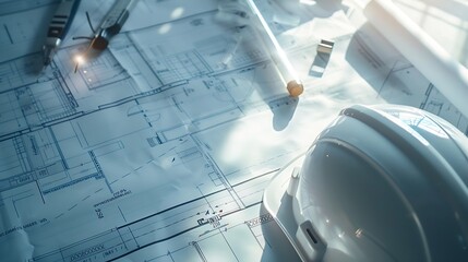 Aufkleber - Architectural designed building blueprint layout and engineer tool for designing blueprint with contractor project document on engineer workspace table in office with safety helmet or  : Generative AI