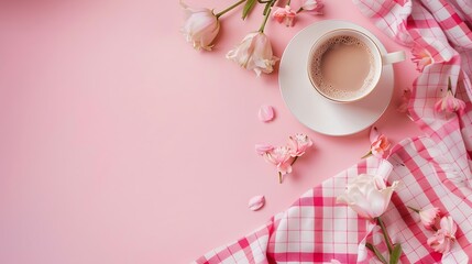 Poster - Valentines Day background Pink flowers plaid cup of coffee on pink background Valentines day concept Flat lay top view copy space : Generative AI