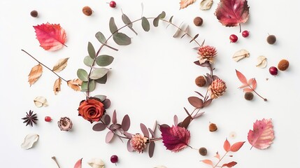 Poster - Autumn composition Wreath made of eucalyptus branches rose flowers dried leaves on white background Autumn fall concept Flat lay top view copy space square : Generative AI