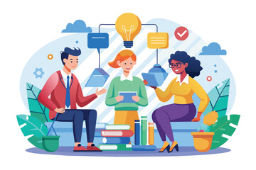 Poster - A group of individuals sitting around a table, engaging in a discussion while surrounded by books, Discussion Customizable Semi Flat Illustration