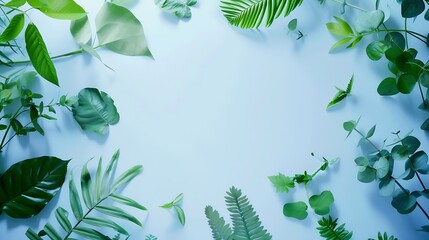 Poster - Creative layout of green leaves various wild plants on blue and white empty round frame copy space Summer spring or ecology concept : Generative AI