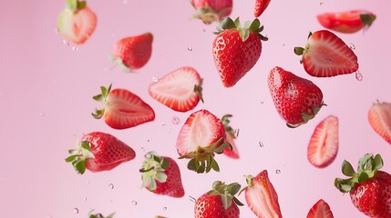 Aufkleber - Summer fruit composition made with strawberry sliced in half and flying against pastel pink background Creative food concept Healthy vegetarian diet banner : Generative AI