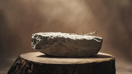 Poster - Empty stone podium with lights and shadows on brown background Minimal backdrop Round natural rock and piece of driftwood Abstract pedestal or showcase for presentation Minimal wabi sa : Generative AI