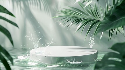 Poster - Round empty podium and tropical leaves in water with waves splashes for presentation of natural cosmetics : Generative AI