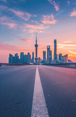 Wall Mural - Panoramic skyline and modern commercial buildings with empty road Asphalt road and cityscape at sunrise