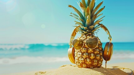 Ripe attractive pineapple in stylish sunglasses heart shape and gold headphones on sand against turquoise  sea water Tropical summer vacation concept Summer sunny day on the beach of t : Generative AI