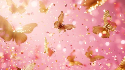 Poster - Festive background made with gold tracery illuminating butterflies and with shiny confetti on pink Holiday concept Top view Template for your design : Generative AI