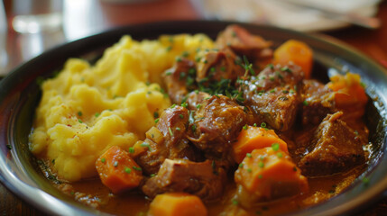 Wall Mural - Savory beef stew and carrots served with creamy mashed potatoes and fresh herb garnish in a close-up photo