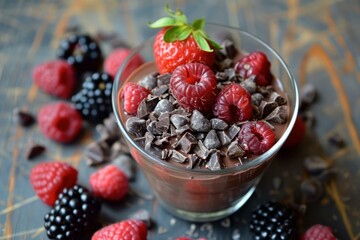 Poster - Gourmet dessert of raspberries, blackberries, and chocolate chips in a clear bowl on a rustic table