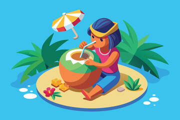 Sticker - A person sits on the beach next to a large bag of food, Drinking coconut Customizable Isometric Illustration