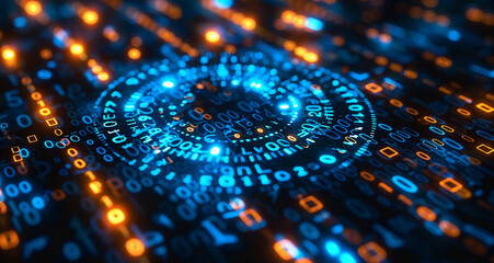 Concept of digital authentication on a digital/optical platform with binary digits as spotlights